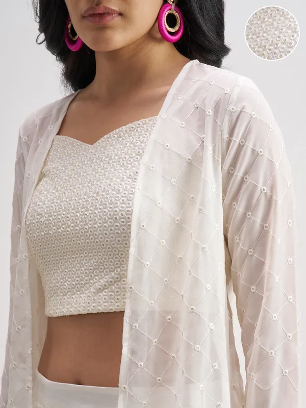 Vishudh Women Off White Top With Palazzo And Shrug Co-Ords