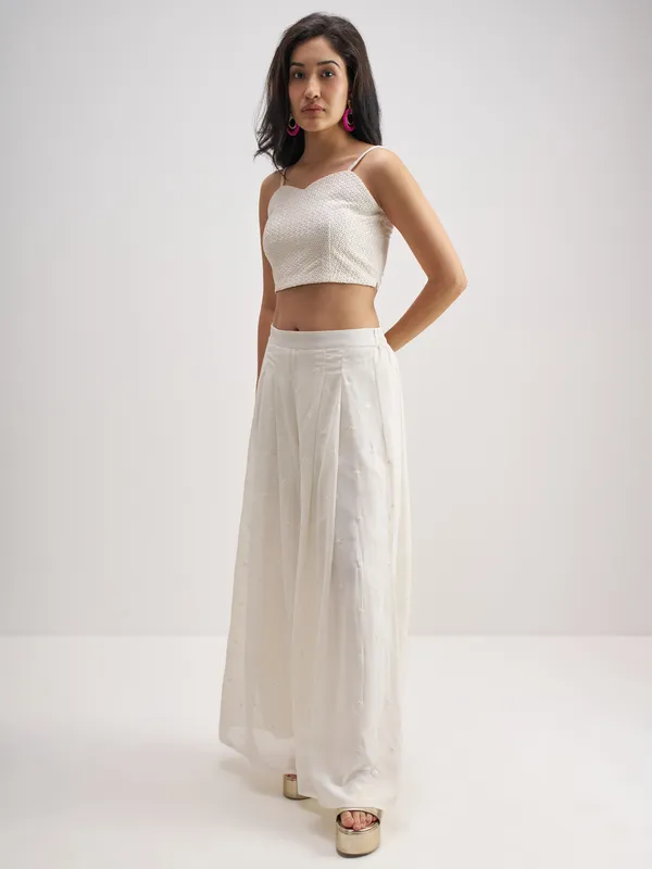 Vishudh Women Off White Top With Palazzo And Shrug Co-Ords