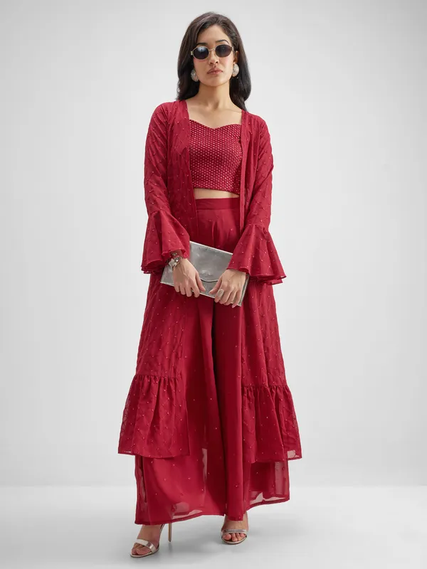 Vishudh Women Red Top With Palazzo And Shrug Co-Ords