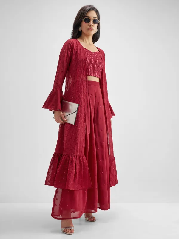 Vishudh Women Red Top With Palazzo And Shrug Co-Ords