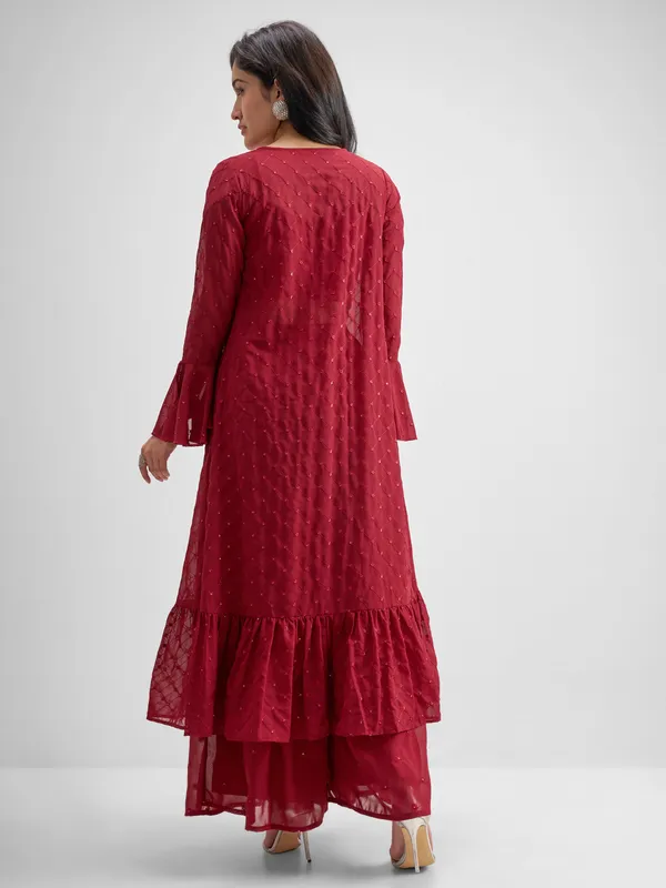 Vishudh Women Red Top With Palazzo And Shrug Co-Ords