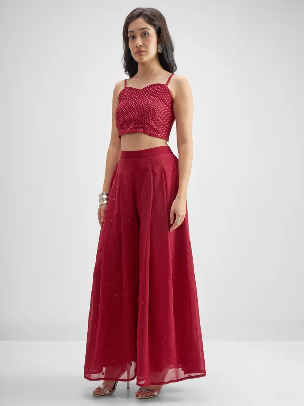 Vishudh Women Red Top With Palazzo And Shrug Co-Ords