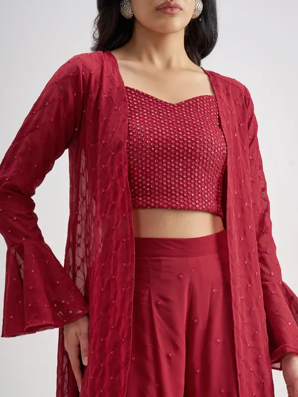 Vishudh Women Red Top With Palazzo And Shrug Co-Ords