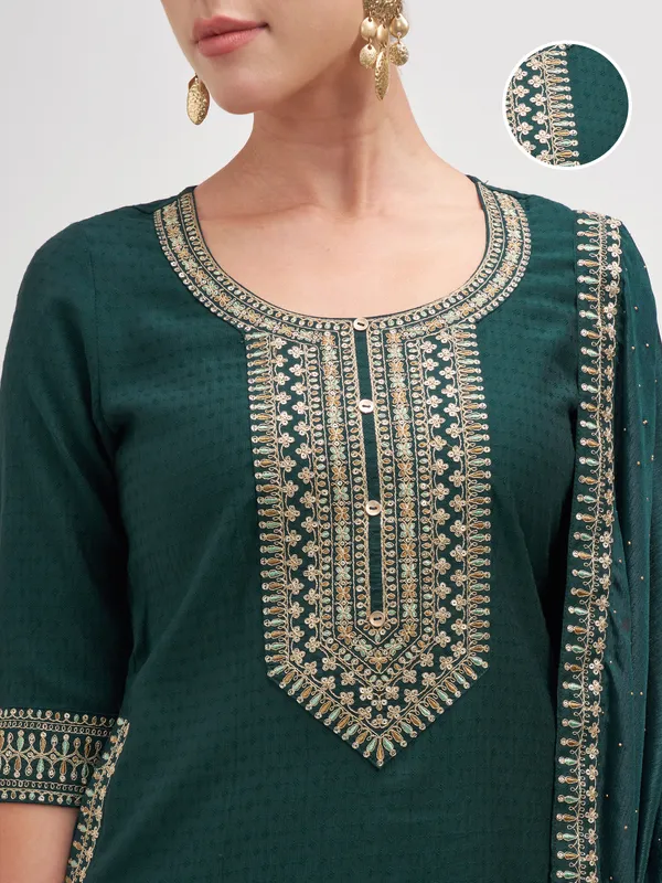 Vishudh Women Teal Embroidered Kurta And Trouser With Dupatta