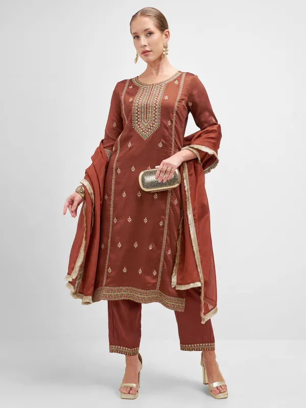 Vishudh Women Rust Embroidered Kurta And Trouser With Dupatta