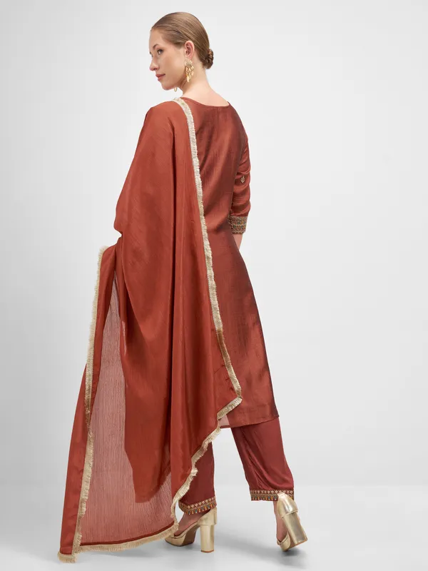 Vishudh Women Rust Embroidered Kurta And Trouser With Dupatta