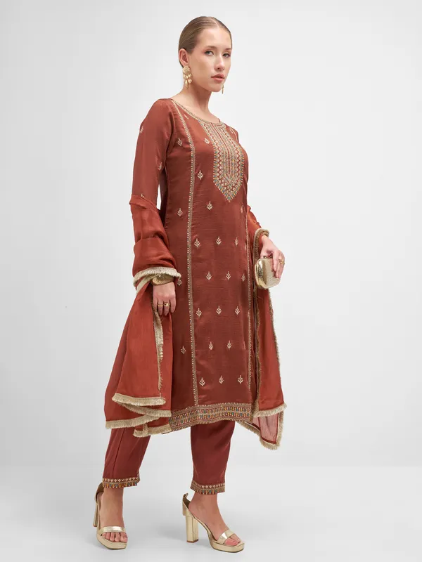Vishudh Women Rust Embroidered Kurta And Trouser With Dupatta