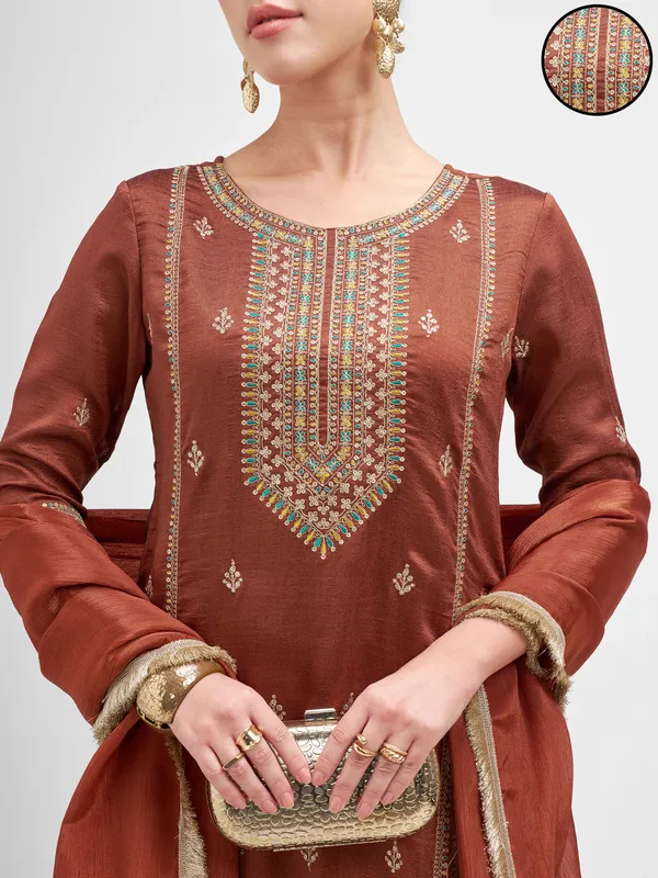 Vishudh Women Rust Embroidered Kurta And Trouser With Dupatta