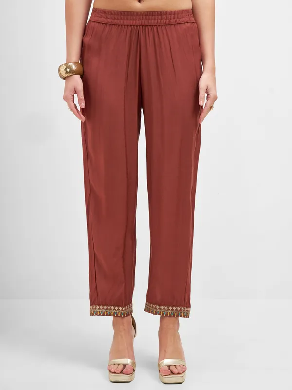 Vishudh Women Rust Embroidered Kurta And Trouser With Dupatta