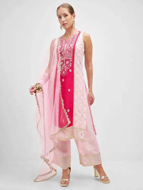 Vishudh Women Pink Embroidered Kurta And Palazzo With Dupatta