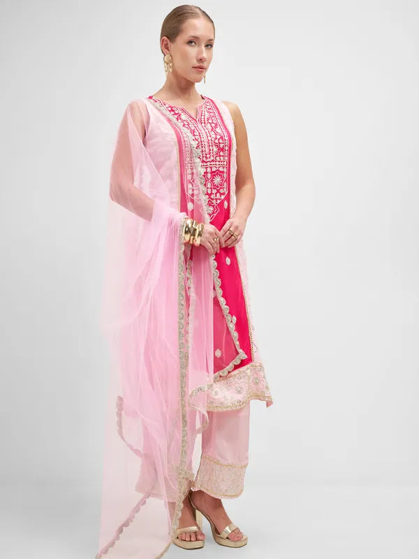 Vishudh Women Pink Embroidered Kurta And Palazzo With Dupatta