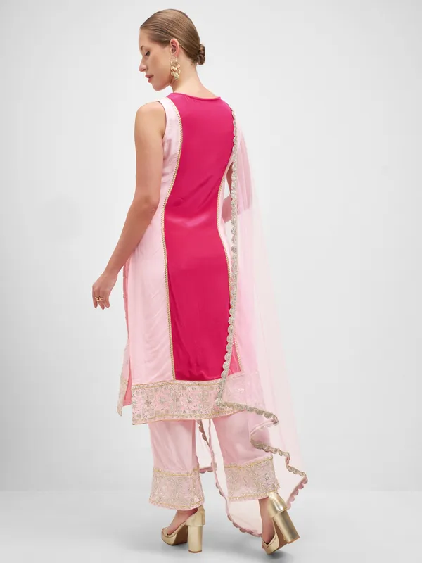 Vishudh Women Pink Embroidered Kurta And Palazzo With Dupatta