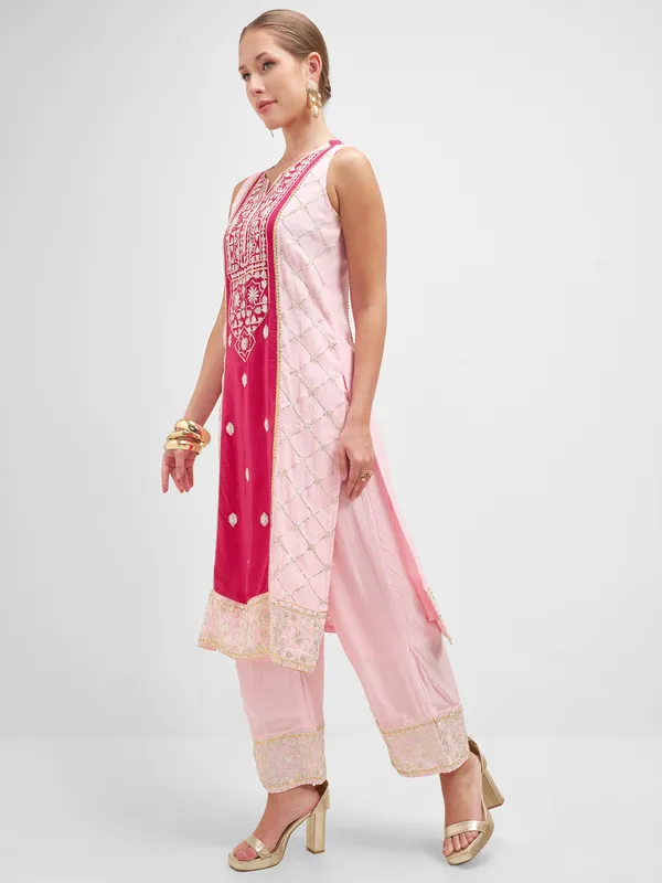 Vishudh Women Pink Embroidered Kurta And Palazzo With Dupatta