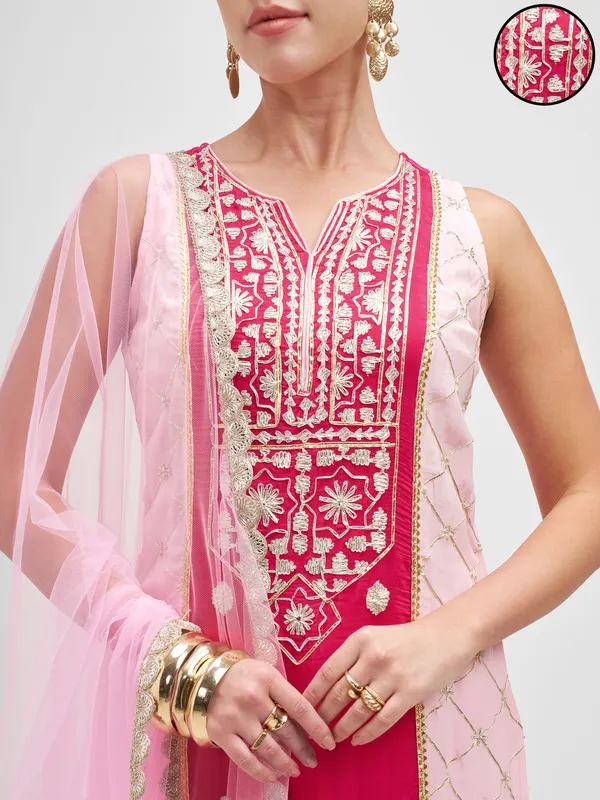Vishudh Women Pink Embroidered Kurta And Palazzo With Dupatta