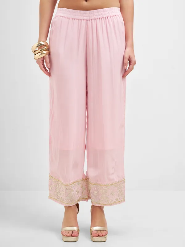 Vishudh Women Pink Embroidered Kurta And Palazzo With Dupatta