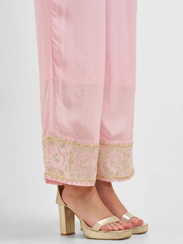 Vishudh Women Pink Embroidered Kurta And Palazzo With Dupatta