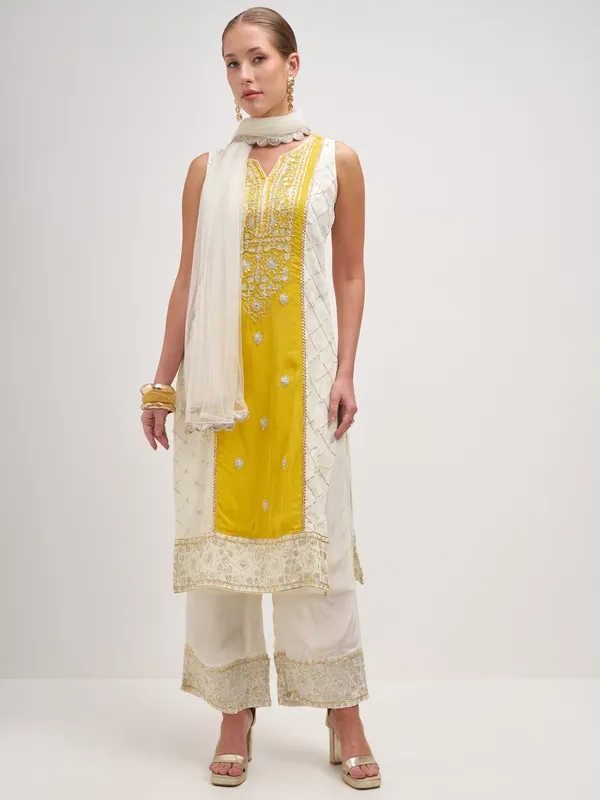 Vishudh Women Yellow Embroidered Kurta And Palazzo With Dupatta