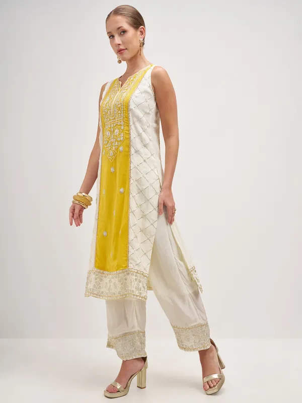 Vishudh Women Yellow Embroidered Kurta And Palazzo With Dupatta