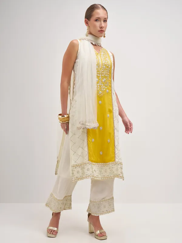 Vishudh Women Yellow Embroidered Kurta And Palazzo With Dupatta