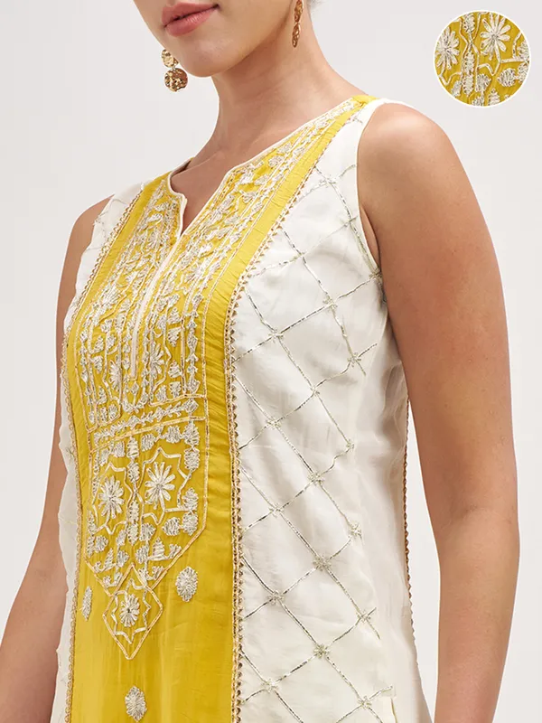Vishudh Women Yellow Embroidered Kurta And Palazzo With Dupatta