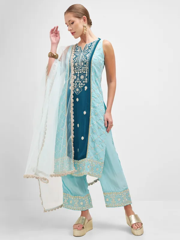 Vishudh Women Teal Embroidered Kurta And Palazzo With Dupatta