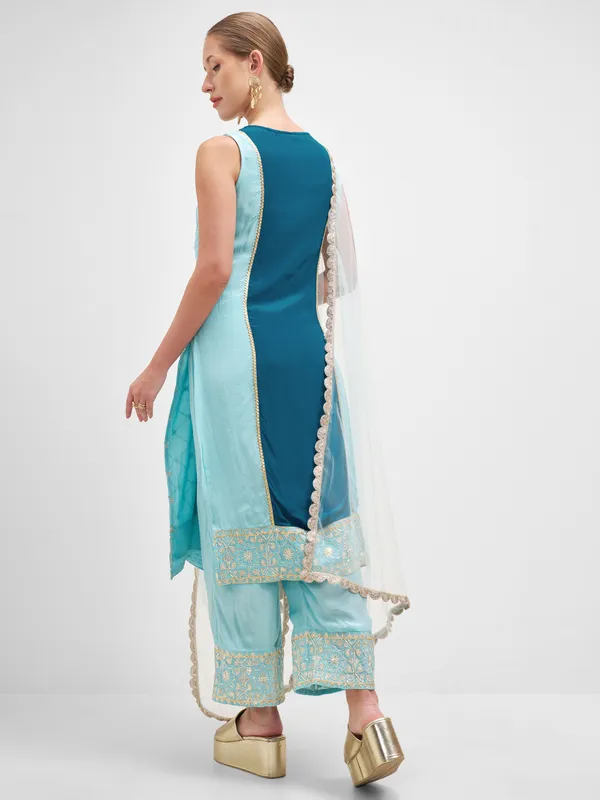 Vishudh Women Teal Embroidered Kurta And Palazzo With Dupatta