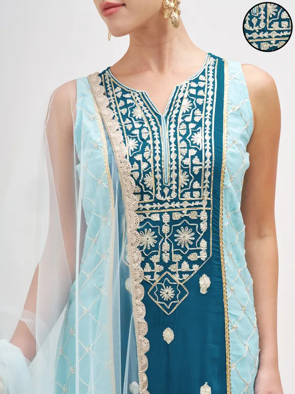 Vishudh Women Teal Embroidered Kurta And Palazzo With Dupatta