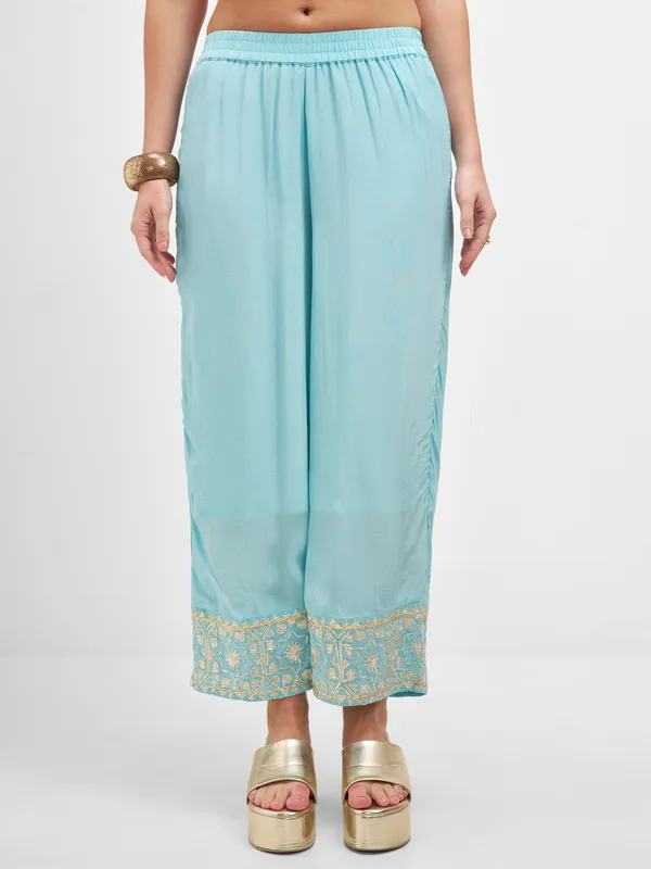 Vishudh Women Teal Embroidered Kurta And Palazzo With Dupatta