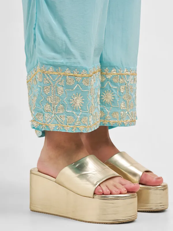 Vishudh Women Teal Embroidered Kurta And Palazzo With Dupatta