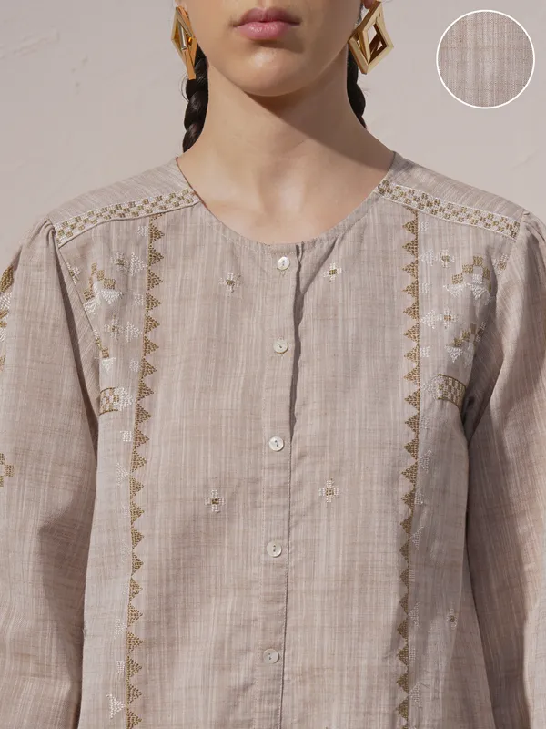 Vara By Vishudh Women Brown Chambray Embroidered A-Line Kurta