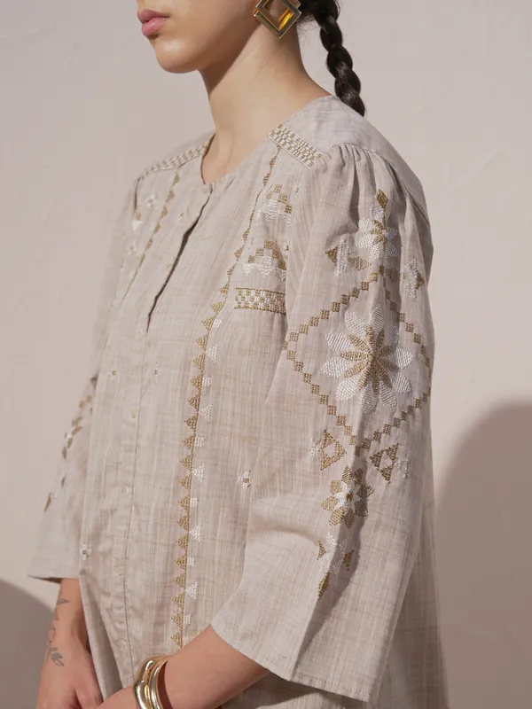 Vara By Vishudh Women Brown Chambray Embroidered A-Line Kurta