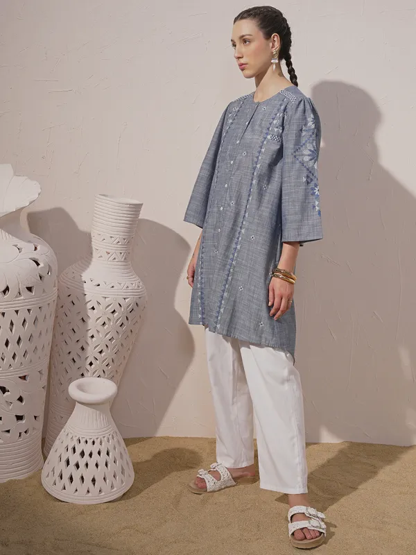 Vara By Vishudh Women Blue Chambray Embroidered A-Line Kurta