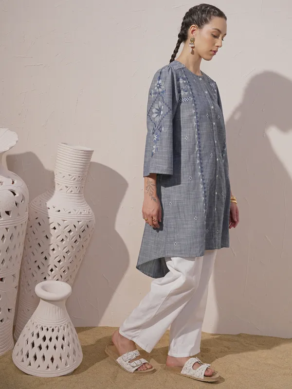 Vara By Vishudh Women Blue Chambray Embroidered A-Line Kurta