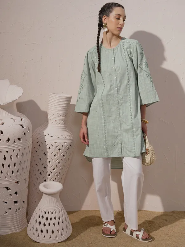 Vara By Vishudh Women Green Chambray Embroidered A-Line Kurta