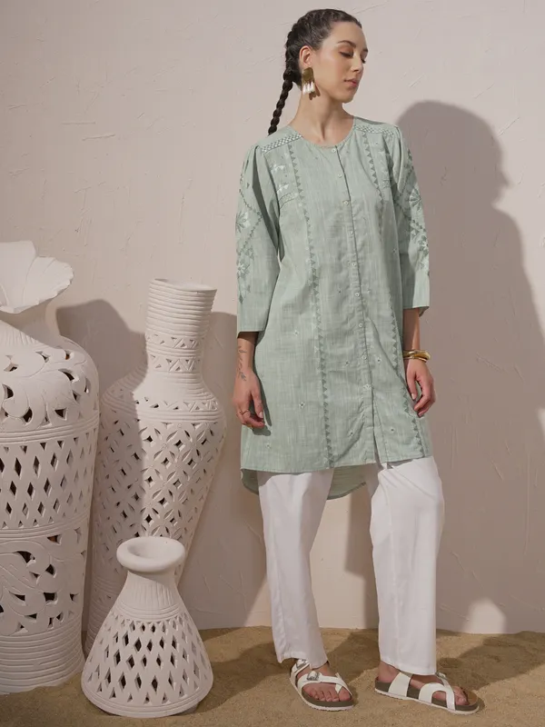 Vara By Vishudh Women Green Chambray Embroidered A-Line Kurta