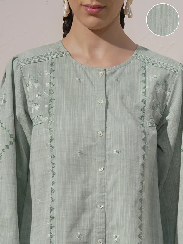 Vara By Vishudh Women Green Chambray Embroidered A-Line Kurta