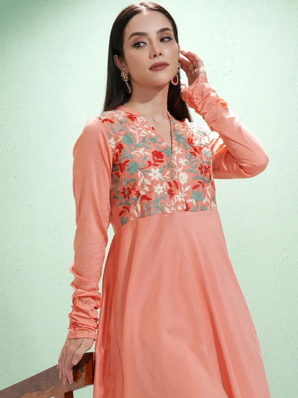 Vishudh Women Coral Embroidered A-Line Kurta