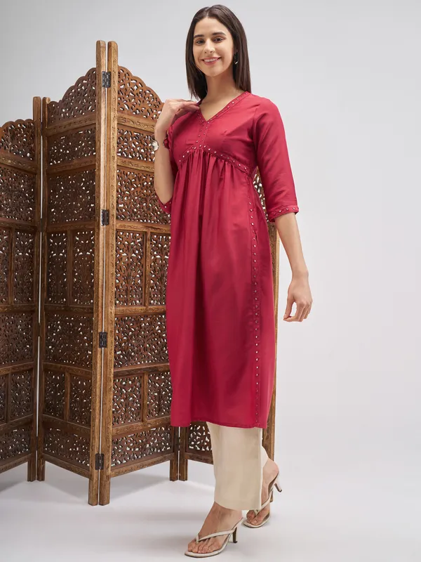 Vishudh Women Maroon Embroidered Straight Kurta