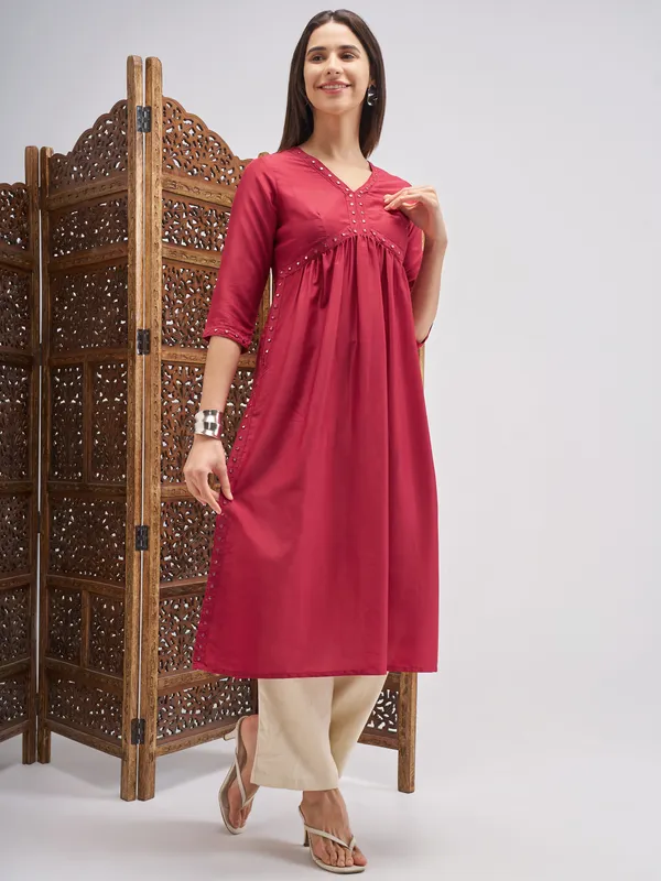 Vishudh Women Maroon Embroidered Straight Kurta