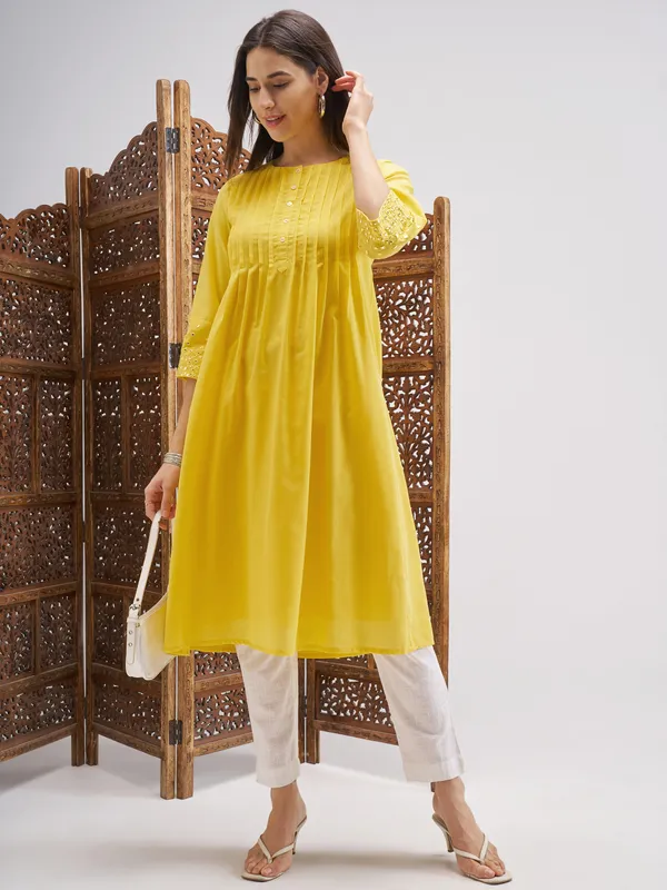 Vishudh Women Yellow Embroidered A-Line Kurta