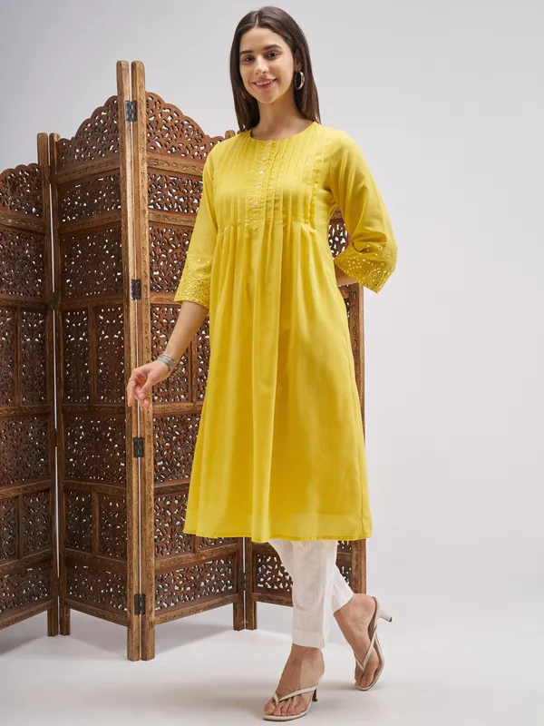Vishudh Women Yellow Embroidered A-Line Kurta