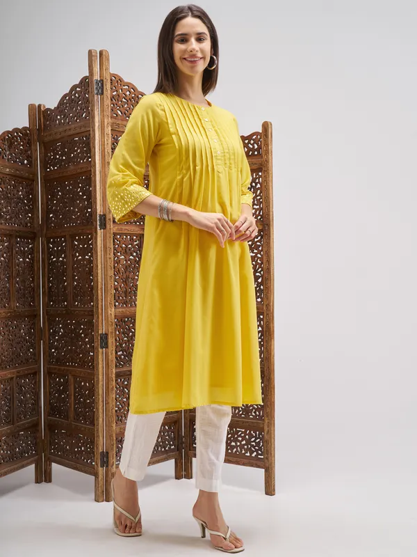 Vishudh Women Yellow Embroidered A-Line Kurta