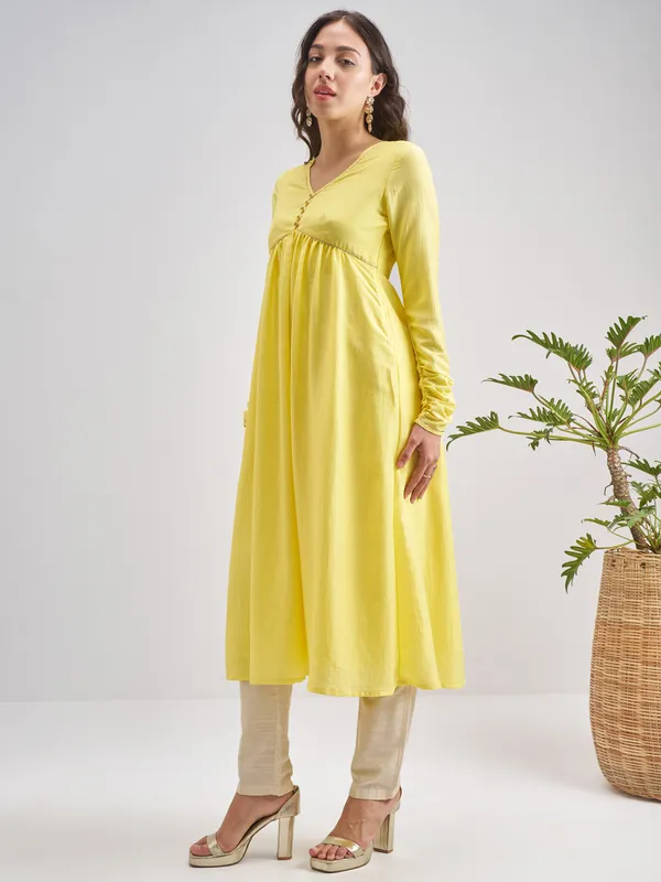 Vishudh Women Yellow Solid Anarkali Kurta