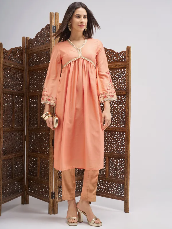 Vishudh Women Peach Embroidered Anarkali Kurta