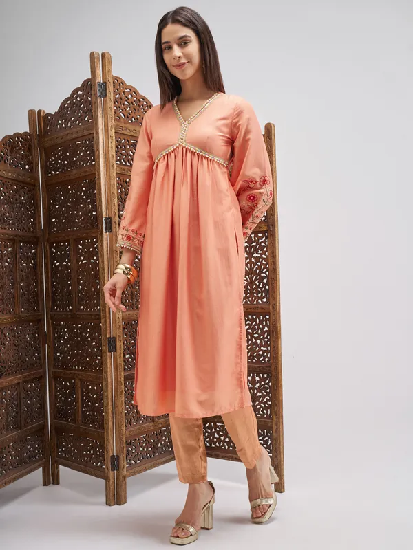 Vishudh Women Peach Embroidered Anarkali Kurta