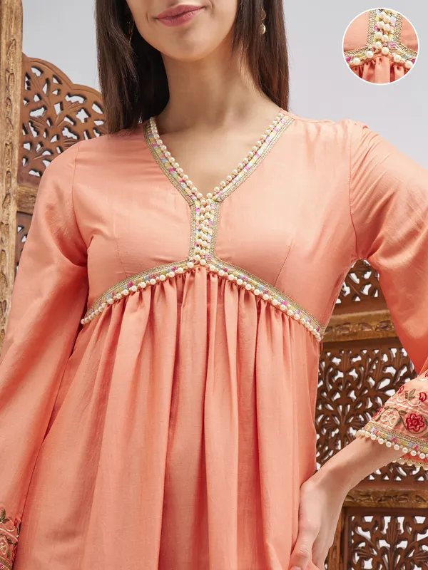 Vishudh Women Peach Embroidered Anarkali Kurta