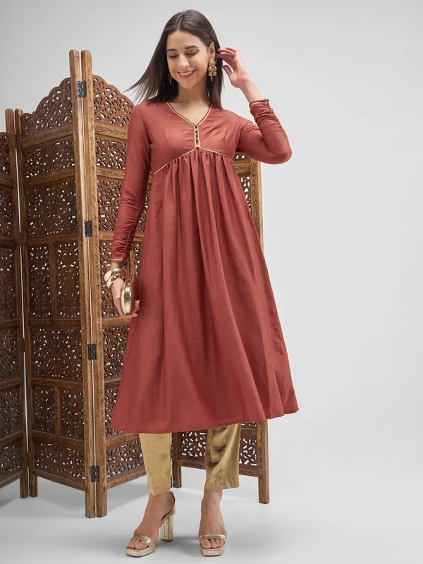 Vishudh Women Rust Embroidered Anarkali Kurta
