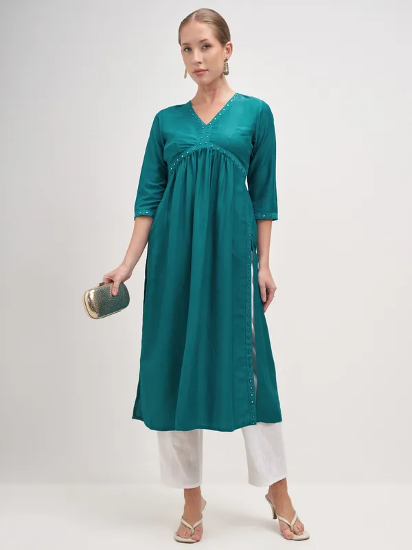 Vishudh Women Teal Embroidered Anarkali Kurta