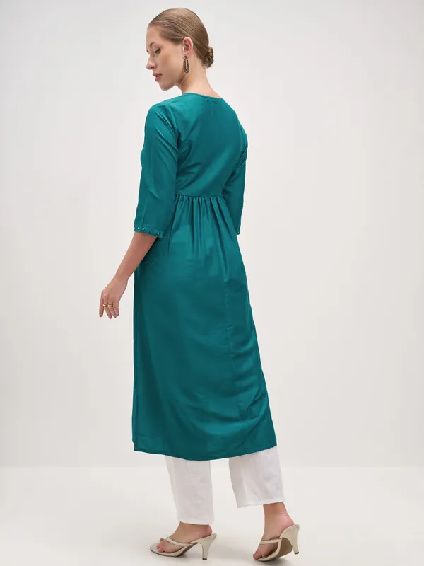 Vishudh Women Teal Embroidered Anarkali Kurta