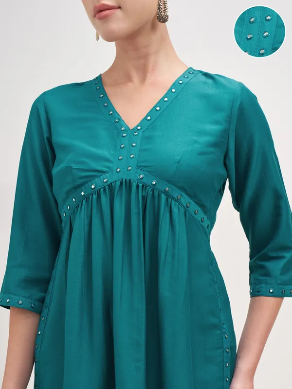 Vishudh Women Teal Embroidered Anarkali Kurta